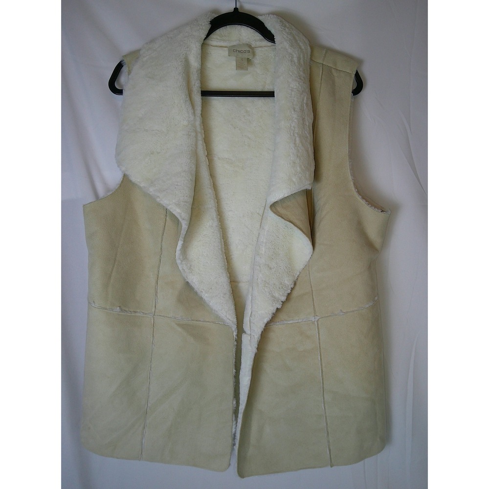 Chicos Beige Faux Suede Shearling‎ Lined Vest Women's Size 3